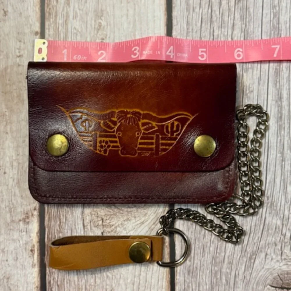 Vintage Tooled Leather Chain Wallet – Western Longhorn Steer Brown (BBL-07) NOS